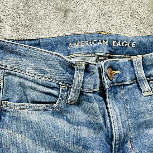American Eagle Jegging Jeans Womens Sz.4 Short Blue Stretch‎ Mid-Rise Raw Hem - Picture 4 of 13